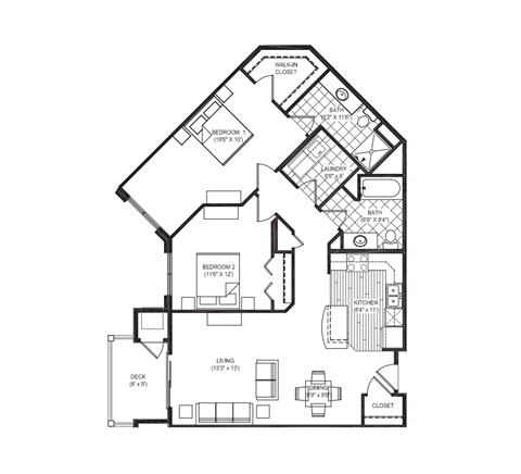 Floor plan for 2 beds, 2 baths, 1181 sqft